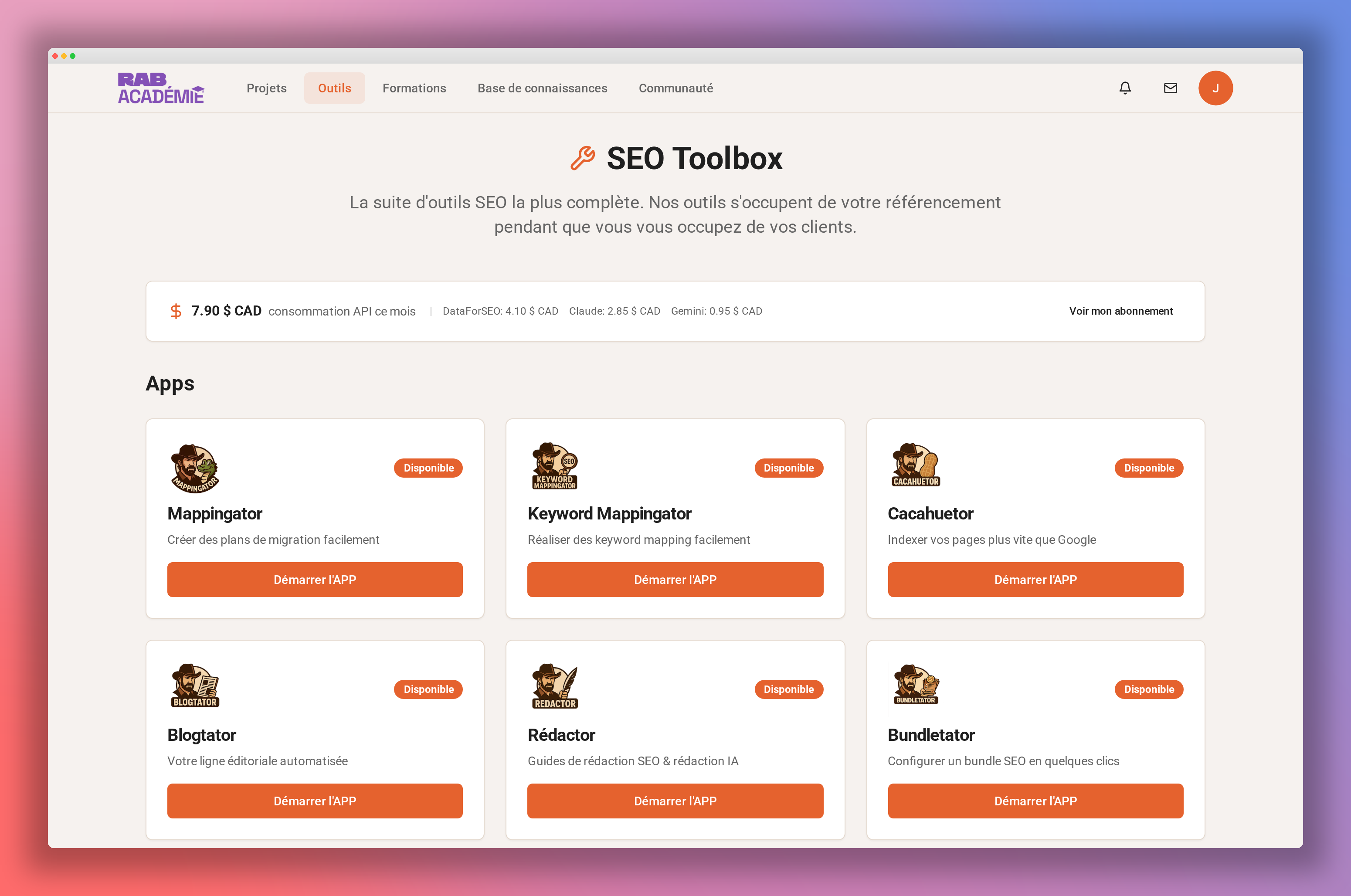 Tableau de bord de la SEO Toolbox Rabacadémie avec les outils Mappingator, Keyword Mappingator, Cacahuetor, Blogtator et Rédactor