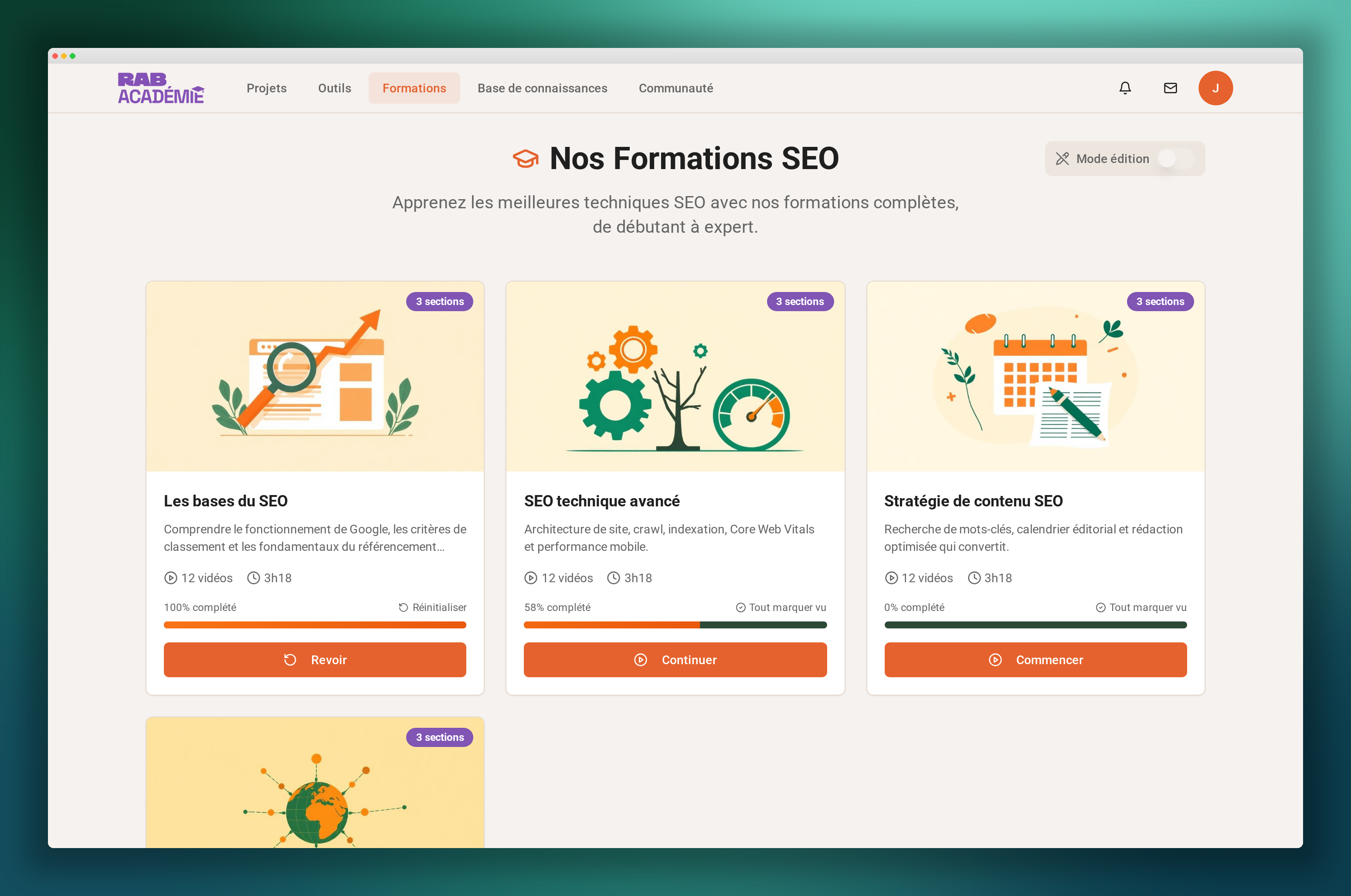 Formations SEO Rabacadémie : cours vidéo de débutant à expert avec suivi de progression
