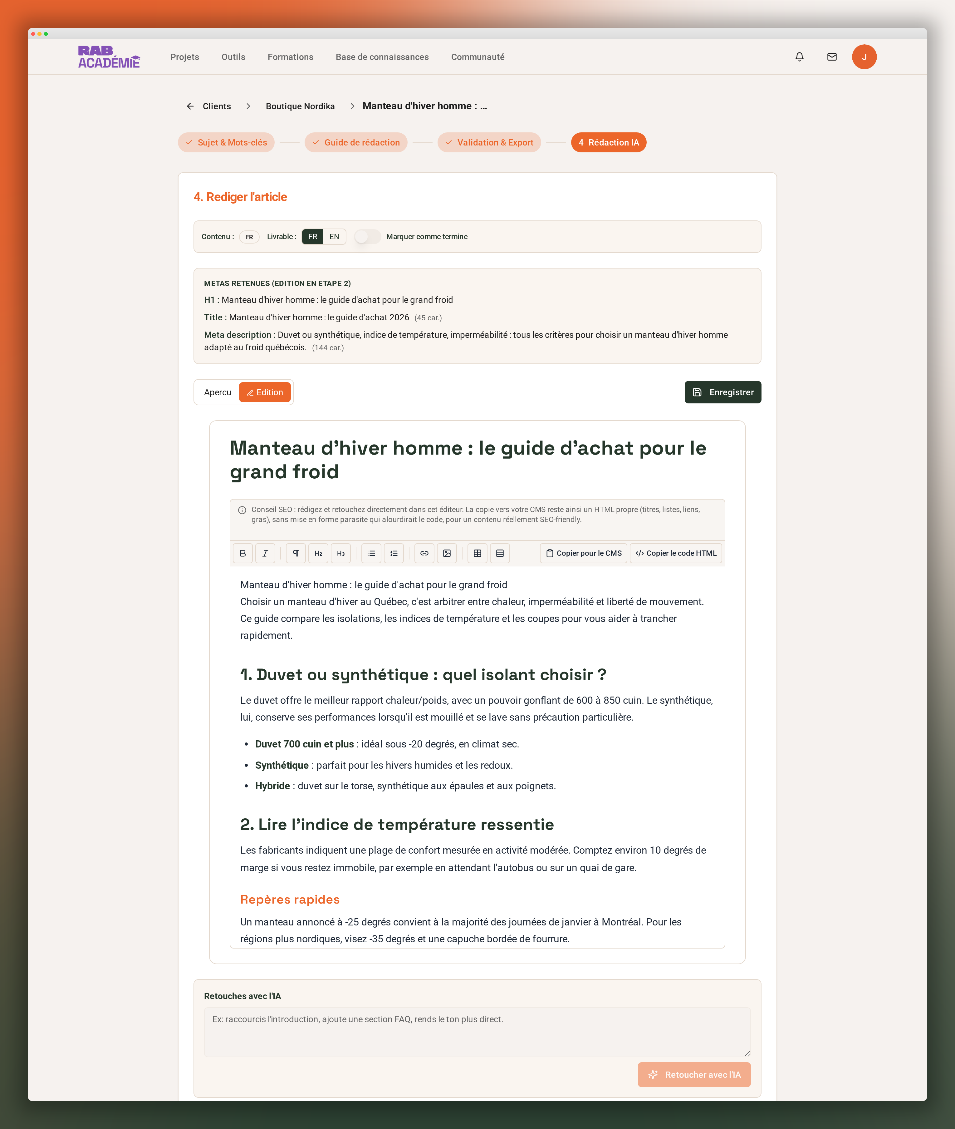 Éditeur Rédactor : rédaction d'article SEO assistée par IA avec métadonnées optimisées